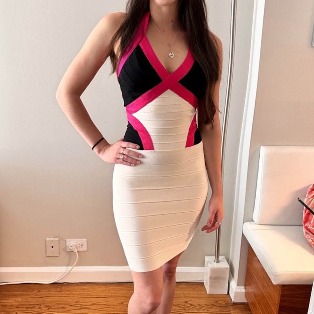 Herve Leger Andie Color Block Pink Bandage Dress, Size: Small
